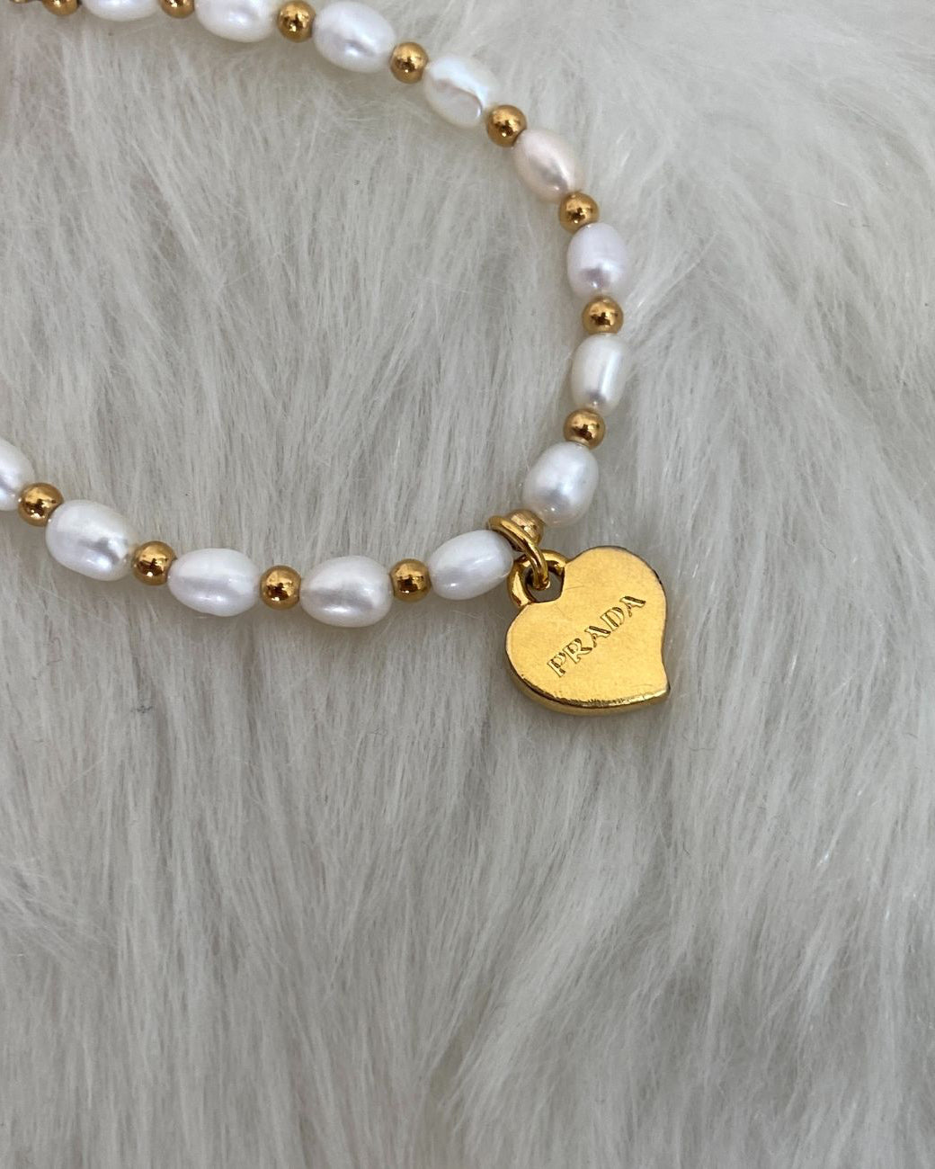 Repurposed Authentic Prada Mini Heart - Pearls & Beads Bracelet