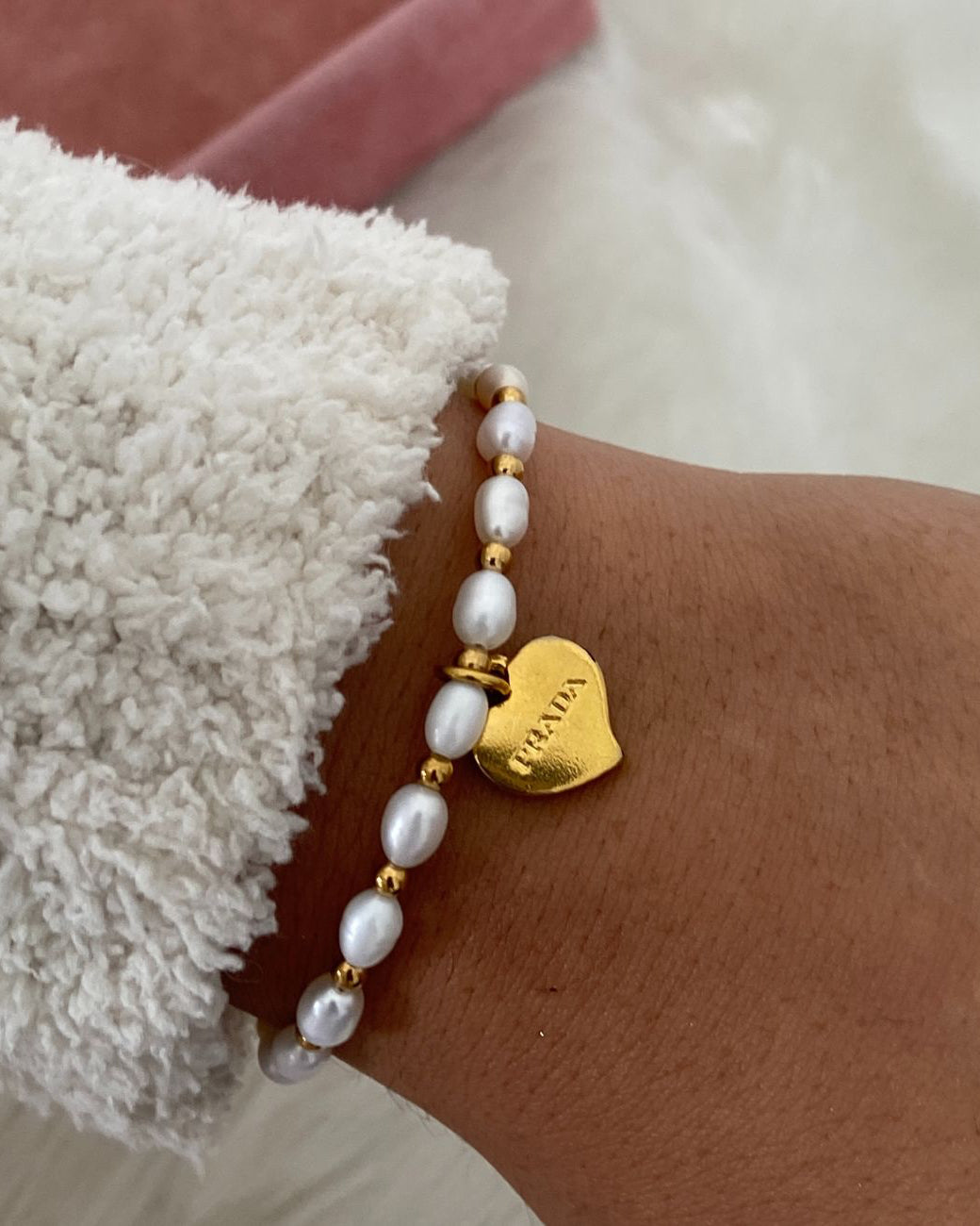 Repurposed Authentic Prada Mini Heart - Pearls & Beads Bracelet