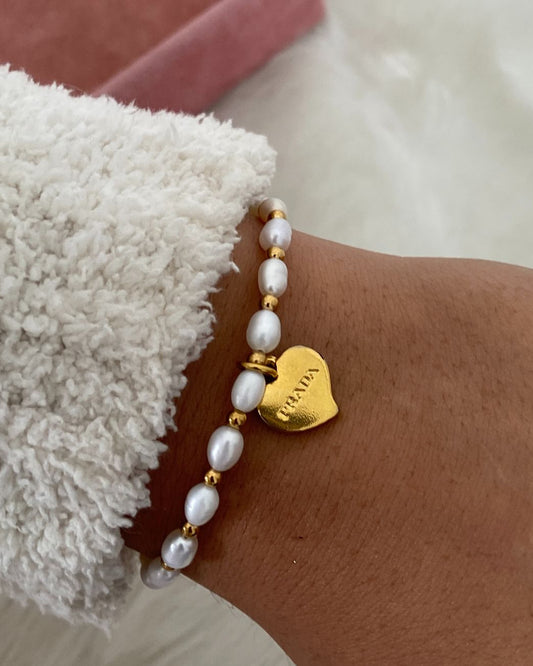 Repurposed Authentic Prada Mini Heart - Pearls & Beads Bracelet