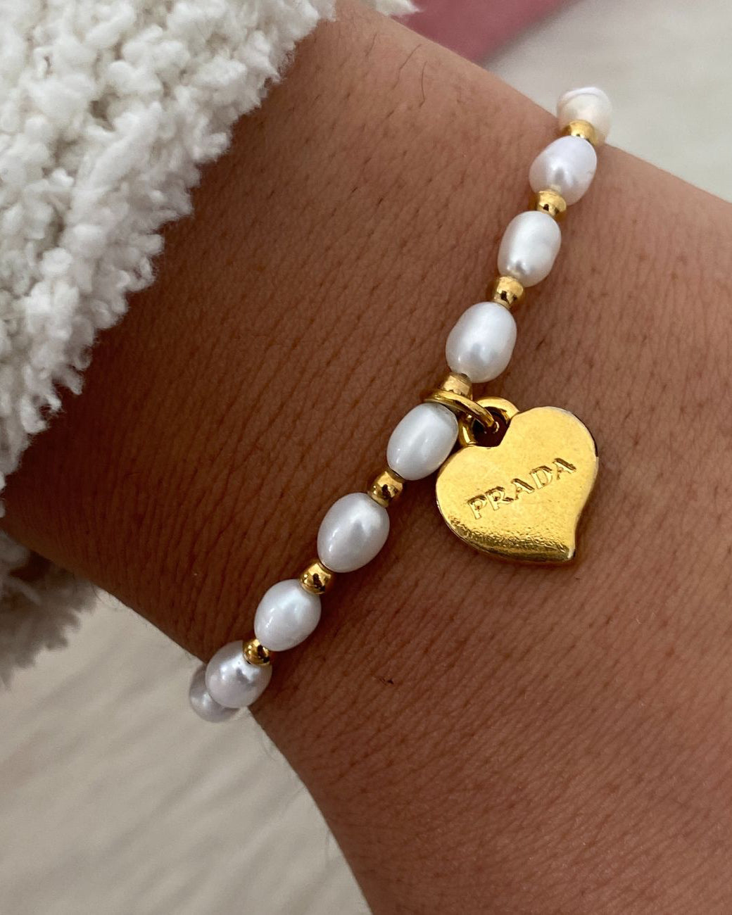 Repurposed Authentic Prada Mini Heart - Pearls & Beads Bracelet