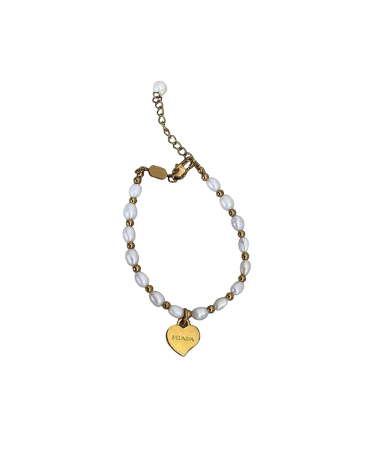 Repurposed Authentic Prada Mini Heart - Pearls & Beads Bracelet