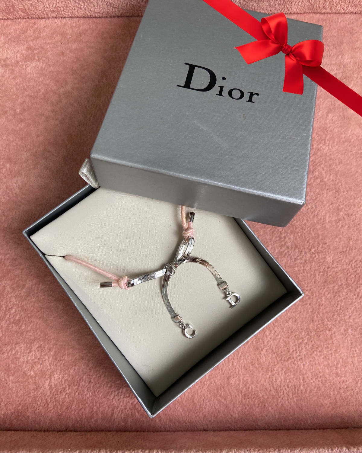 Vintage Christian Dior Silver Pink Chord Choker CD Logo Ribbon Necklace