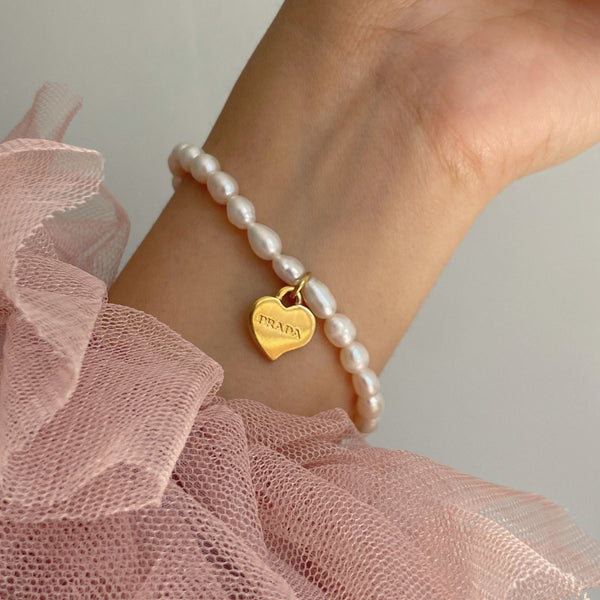 Repurposed Authentic Prada Mini Heart - Pearls Bracelet