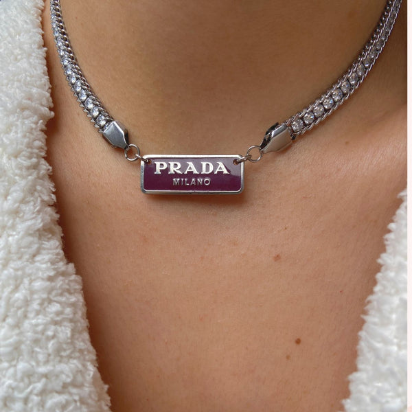 Authentic Prada Square plaque tag - Repurposed Rhinestone Necklace