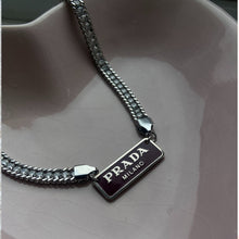 Load image into Gallery viewer, Authentic Prada Square plaque tag - Repurposed Rhinestone Necklace