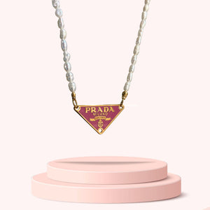 Repurposed Authentic Prada Pink tag - Pearls Necklace