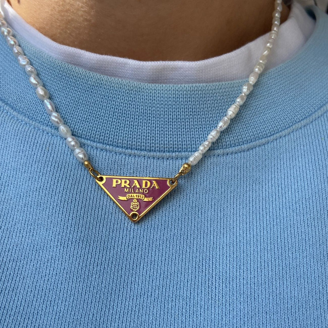 Repurposed Authentic Prada Pink tag - Pearls Necklace