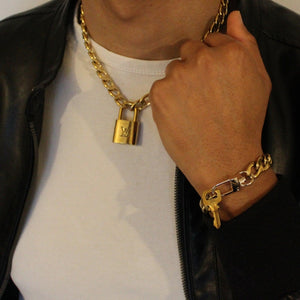 Louis Vuitton Set Lock Cuban Chain Necklace with Key Bracelet For Him - Boutique SecondLife