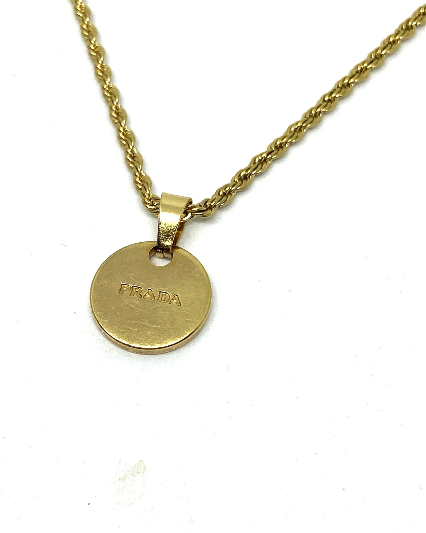 Repurposed Authentic Prada Mini circle tag - Necklace - Boutique SecondLife