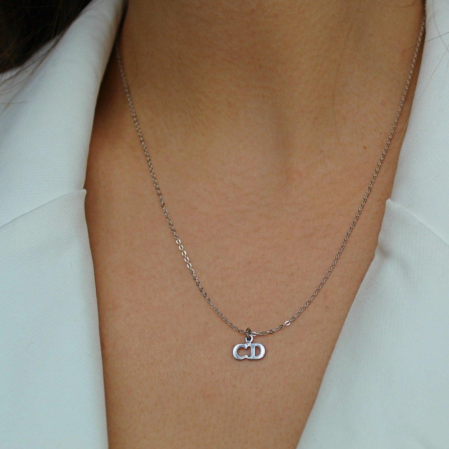 Authtentic Dior Silver mini tag C.D  Reworked Necklace - Boutique SecondLife