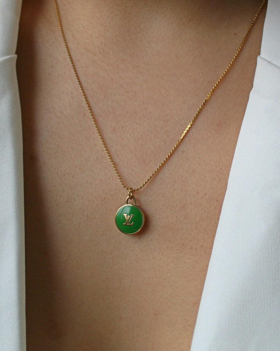 Authentic Louis Vuitton Logo Green Pendant- Necklace - Boutique SecondLife