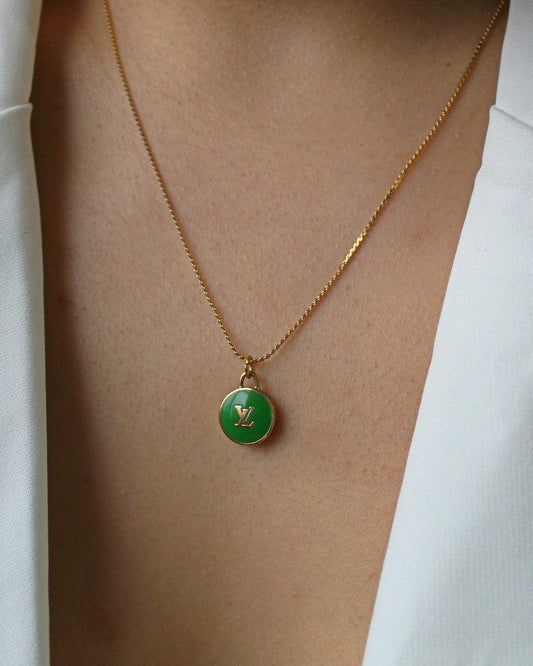 Authentic Louis Vuitton Logo Green Pendant- Necklace - Boutique SecondLife