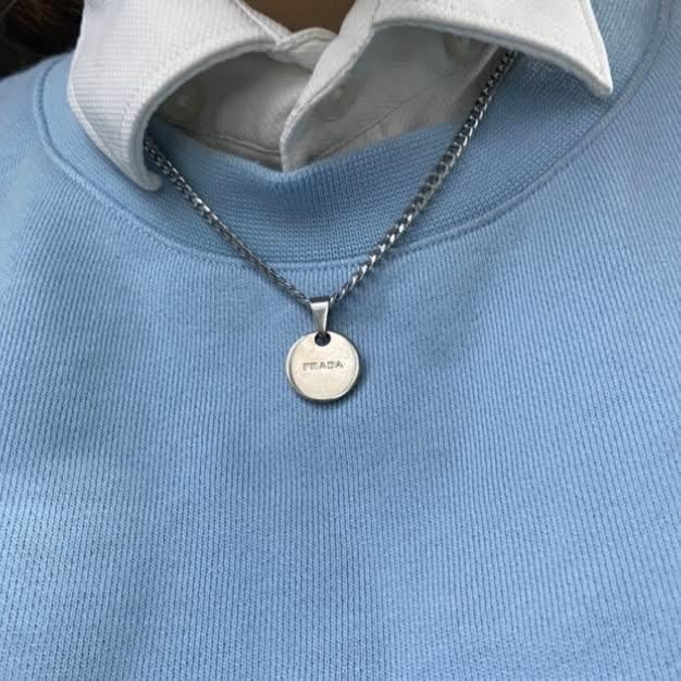 Repurposed Authentic Silver Prada Mini circle tag - Necklace - Boutique SecondLife