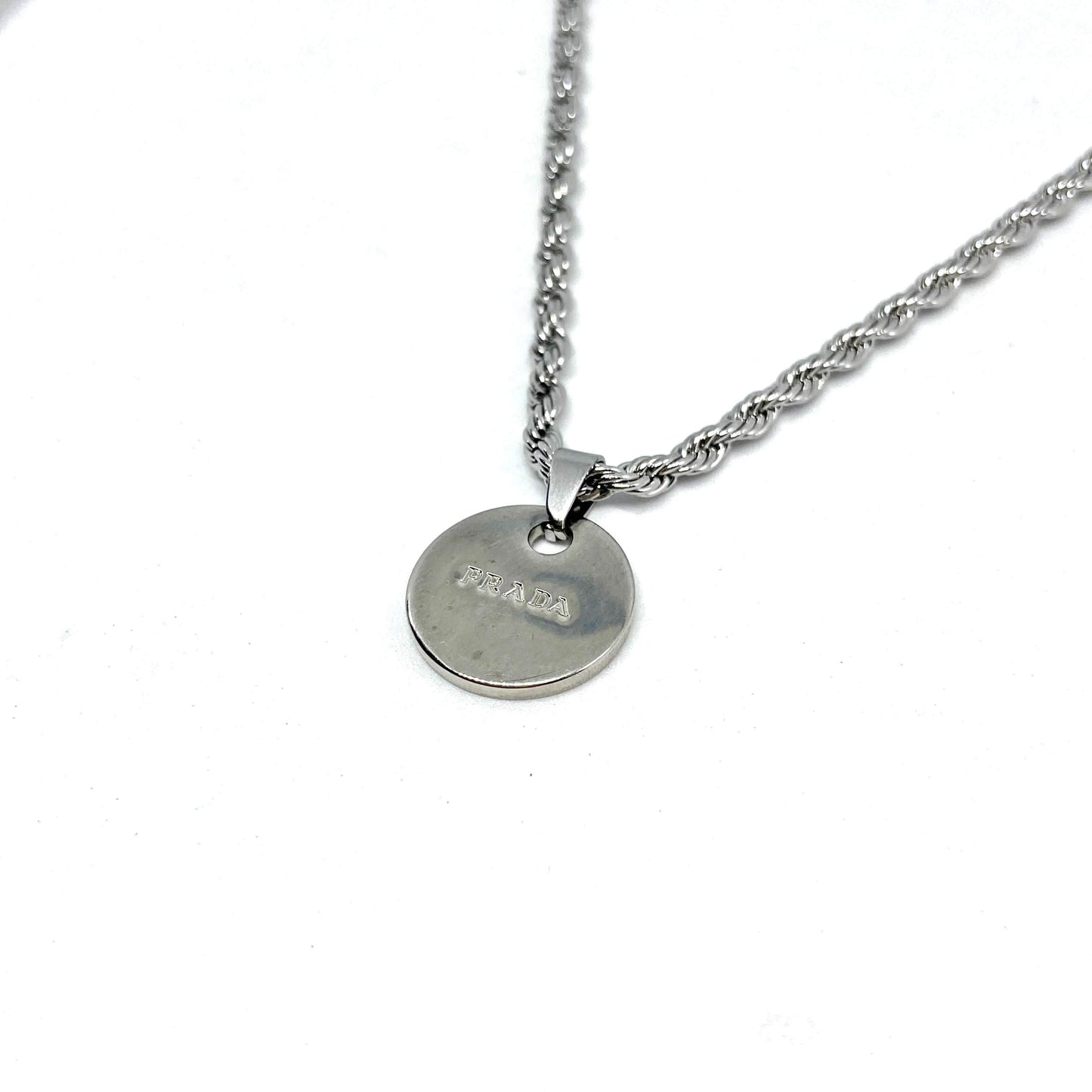 Gift Edition - Repurposed Authentic Silver Prada Mini circle tag - Necklace - Boutique SecondLife