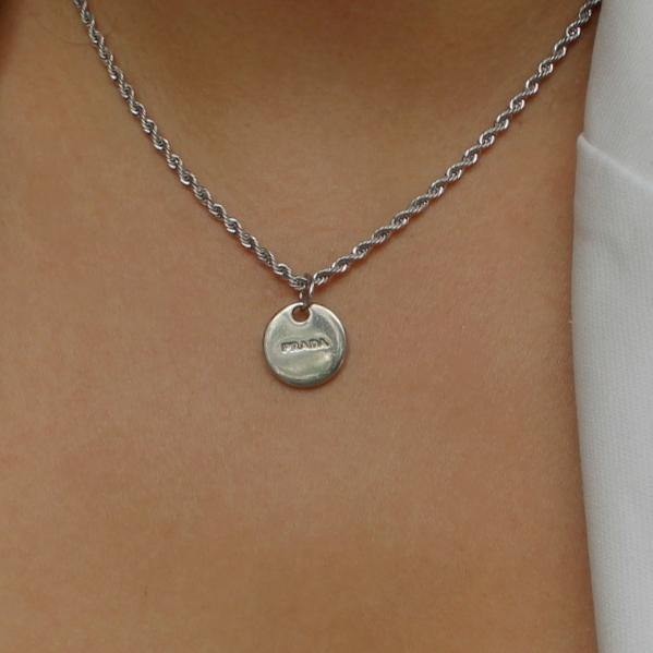 Gift Edition - Repurposed Authentic Silver Prada Mini circle tag - Necklace - Boutique SecondLife