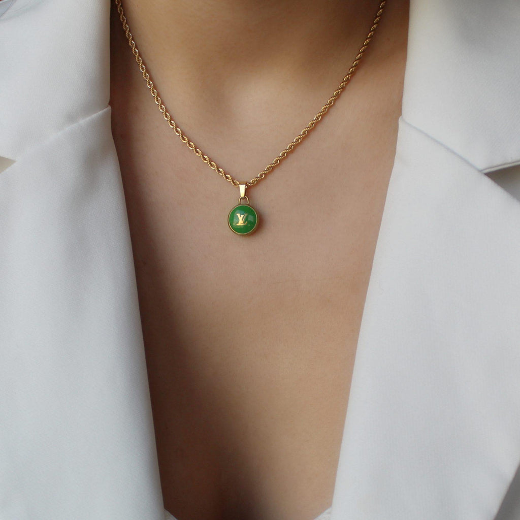 Authentic Louis Vuitton Logo Green Pendant- Necklace - Boutique SecondLife