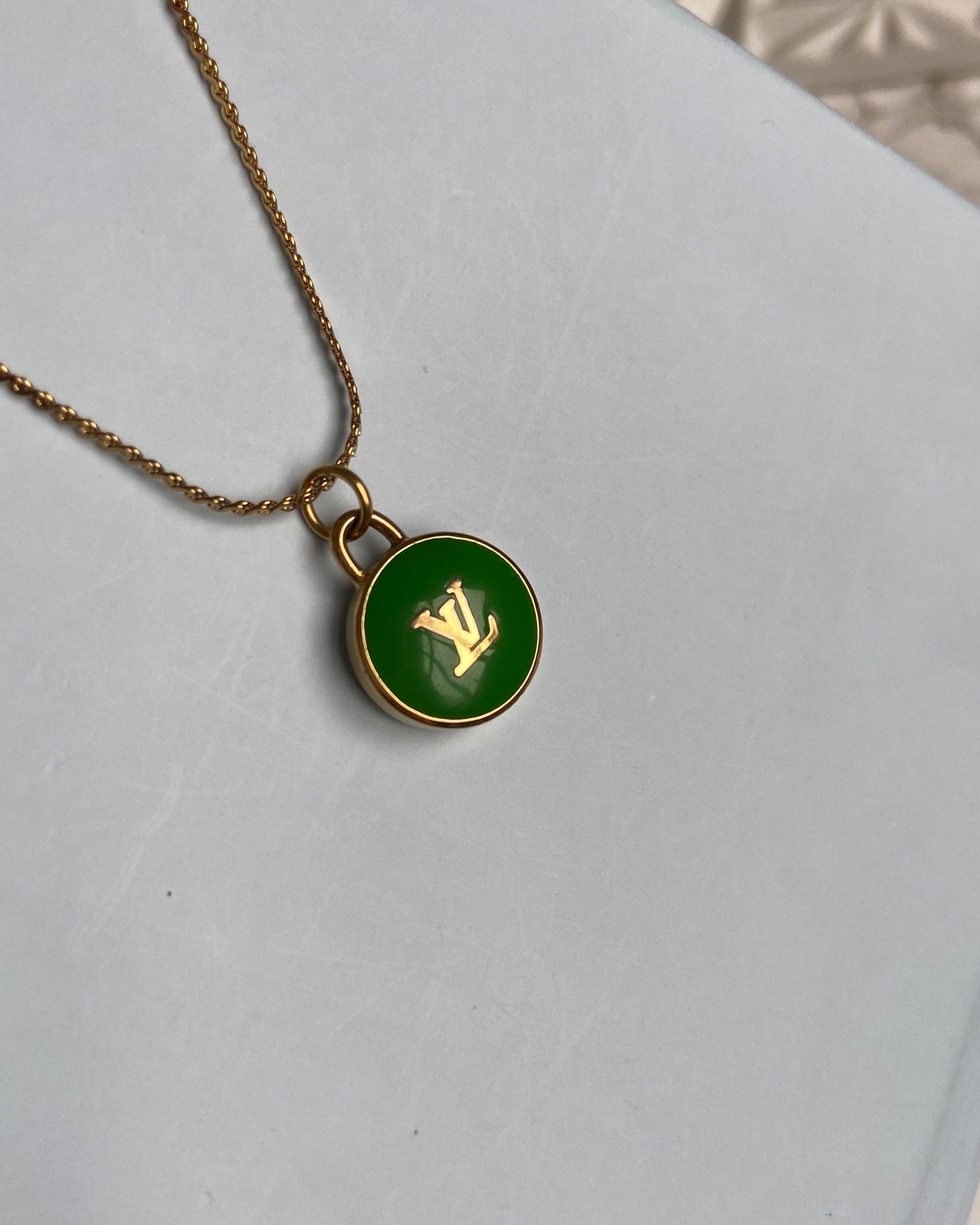 Authentic Louis Vuitton Logo Green Pendant- Necklace - Boutique SecondLife