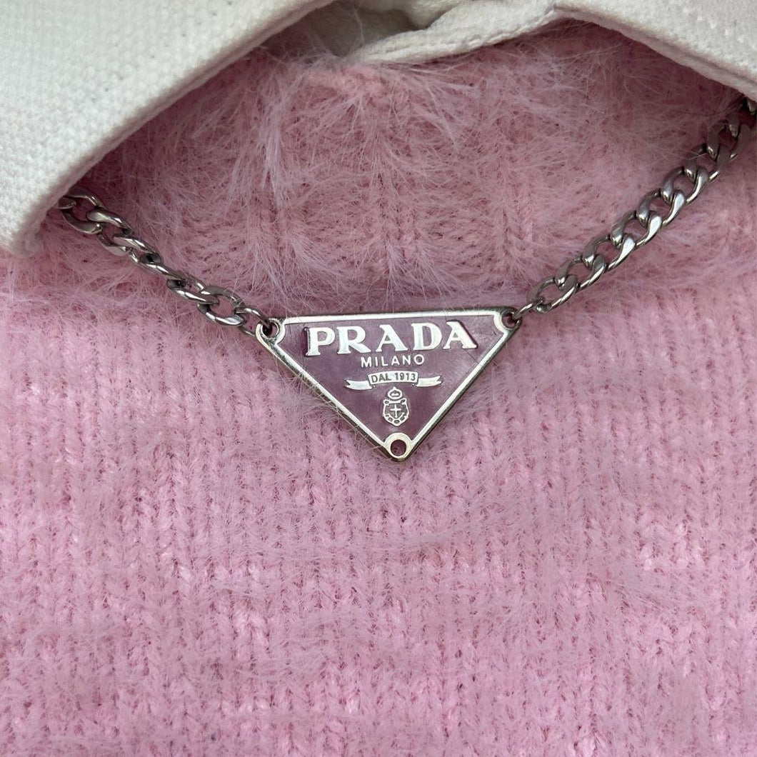 Repurposed Authentic Silver Prada Vermillon plaque tag - Necklace - Boutique SecondLife