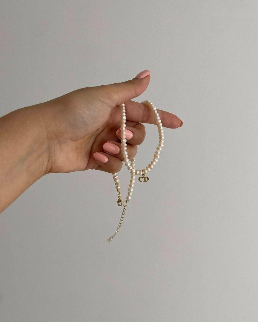 Authentic Mini Cd Tag Dior pendant -Repurposed Pearl Necklace - Boutique SecondLife
