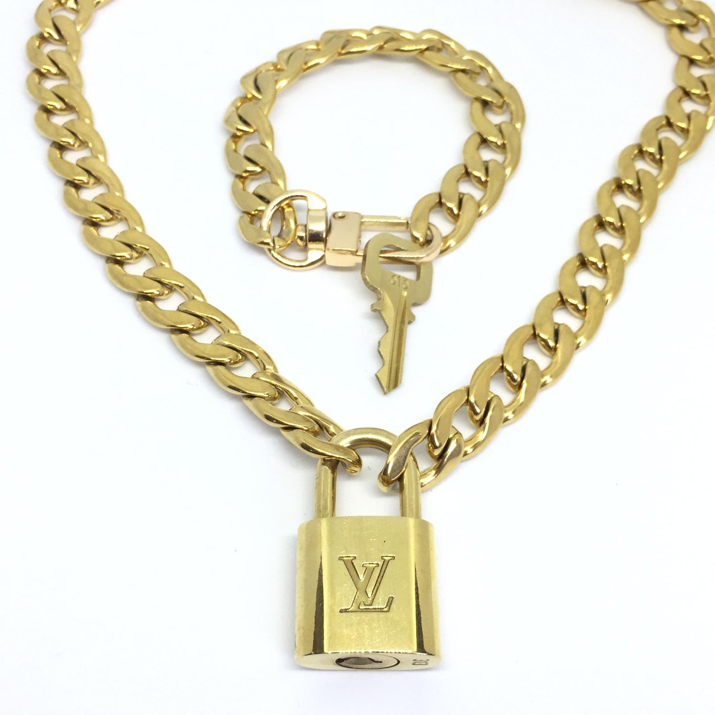 Louis Vuitton Set Lock Cuban Chain Necklace with Key Bracelet - Boutique SecondLife