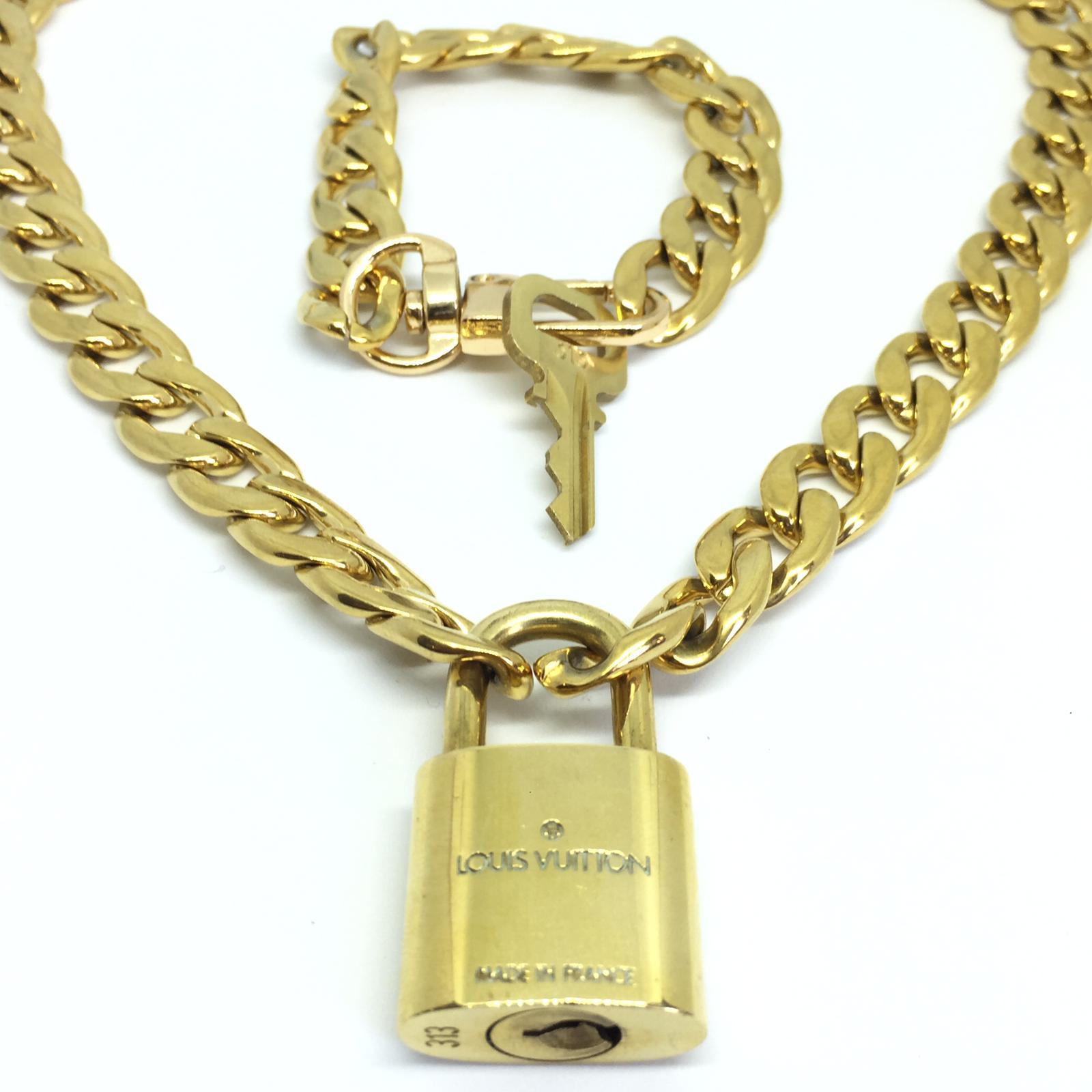 Gold Lock and Key Fob Necklace, Gold LV Lock and Key Vintage Round Ball Cable Chain Add on Lock/Key
